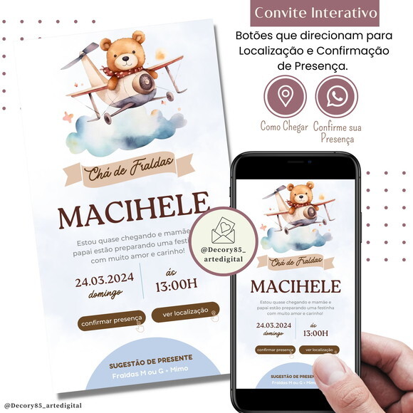Convite Chá Bebê Fraldas Urso Aviador Digital Interativo