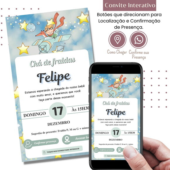 Convite Chá Bebê Fraldas o Pequeno Príncipe Interativo