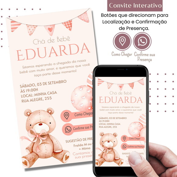 Convite Chá Bebê Fraldas Ursinha Rosa Digital Interativo