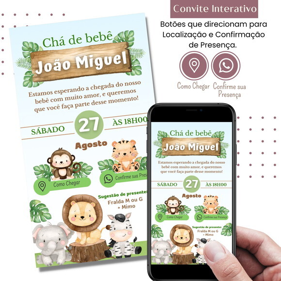Convite Chá Bebê Fraldas Safari Bichinhos Digital Interativo