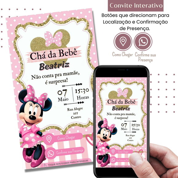 Convite Chá Bebê Fraldas Minnie Digital Interativo