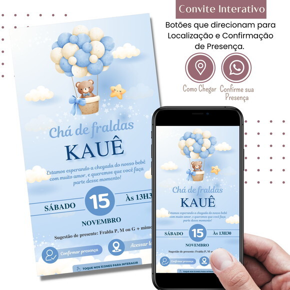 Convite Chá Bebê Fraldas Urso Balão Azul Digital Interativo