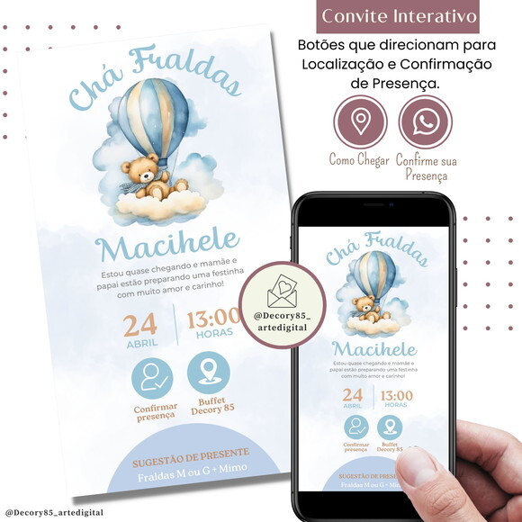 Convite Chá Bebê Fraldas Urso Balão Digital Interativo