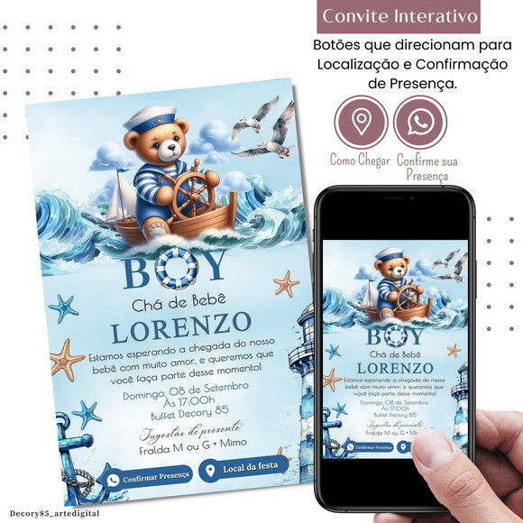 Convite Chá Bebê Fraldas Urso Marinheiro Digital Interativo