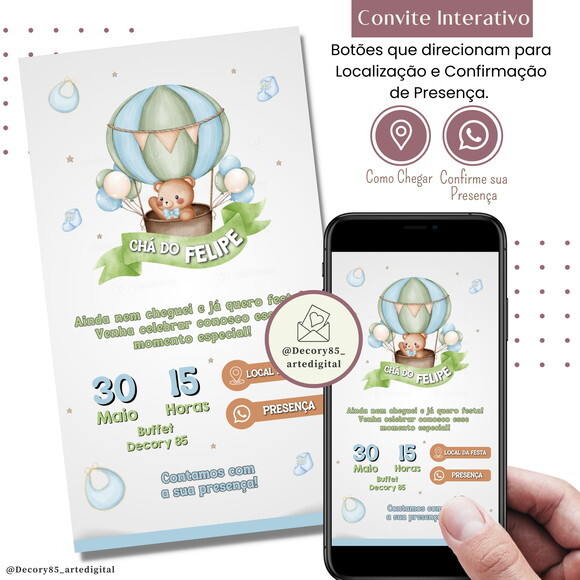 Convite Chá Bebê Fraldas Urso Balão Digital Interativo