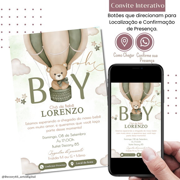 Convite Chá Bebê Fraldas Urso Balão Verde Digital Interativo