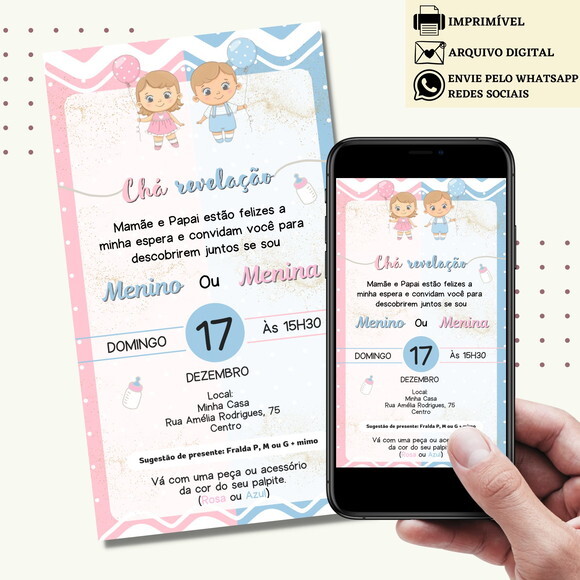 Convite Chá de Bebê Chá de Fraldas Revelação Digital Virtual