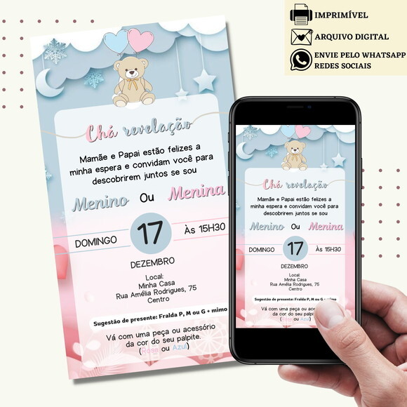 Convite Chá de Bebê Chá de Fraldas Revelação Digital Virtual