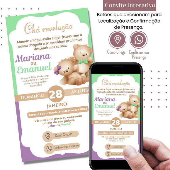 Convite Chá Bebê Chá Revelação Ursinhos Digital Interativo