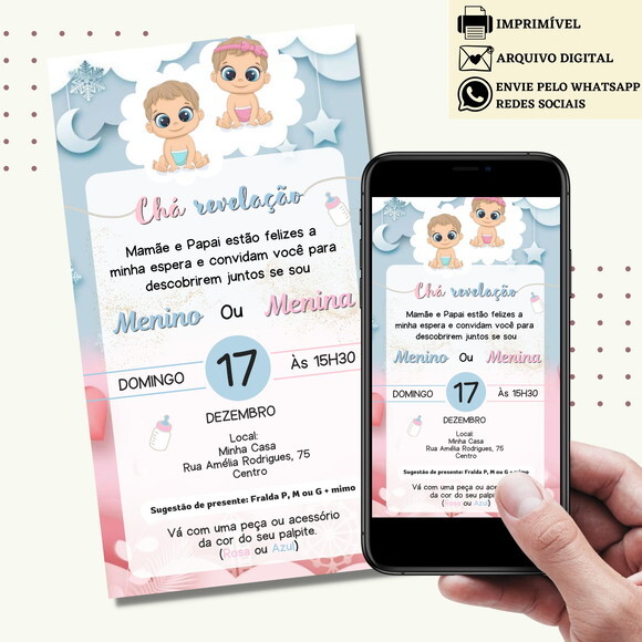Convite Chá de Bebê Chá de Fraldas Revelação Digital Virtual