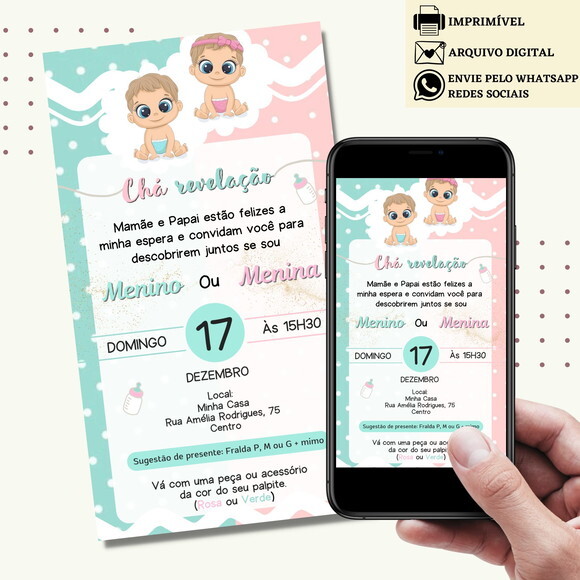 Convite Chá de Bebê Chá de Fraldas Revelação Digital Virtual