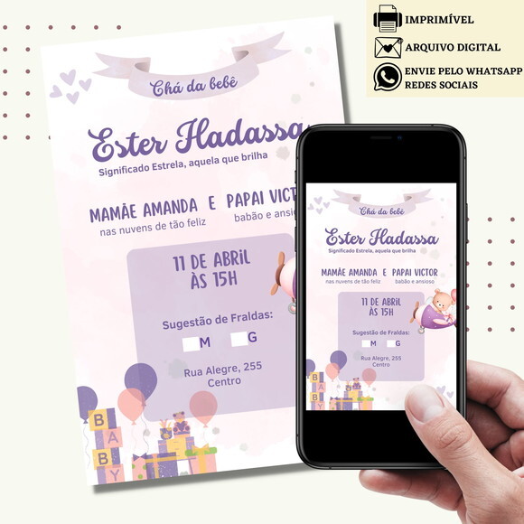 Convite Chá de Bebê Chá de Fraldas Revelação Digital Virtual