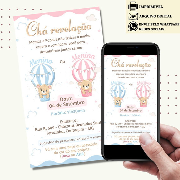 Convite Chá de Bebê Chá de Fraldas Revelação Digital Virtual