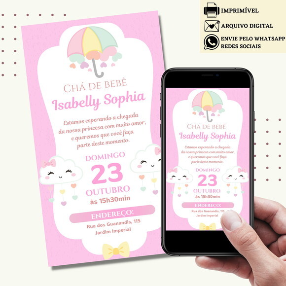 Convite Chá de Bebê Chá de Fraldas Revelação Digital Virtual