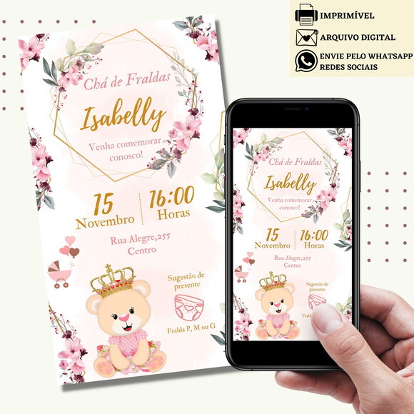 Convite Chá de Bebê Chá de Fraldas Revelação Digital Virtual