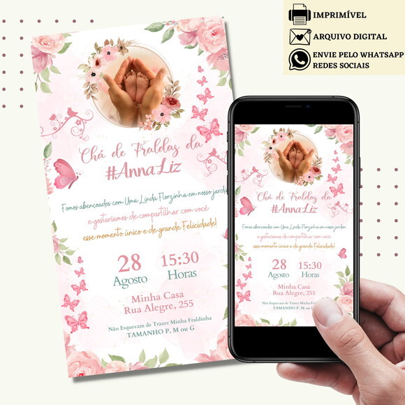 Convite Chá de Bebê Fraldas Jardim Flores Digital Virtual