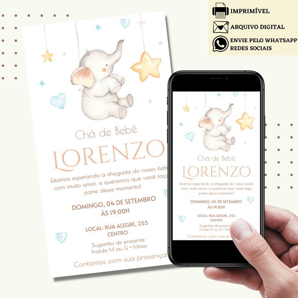 Convite Chá de Bebê Fraldas Elefantinho Revelação Digital