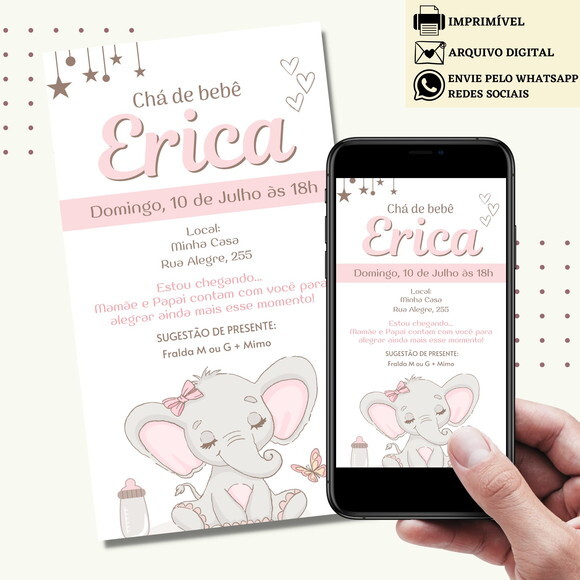 Convite Chá de Bebê Fraldas Elefantinho Revelação Digital