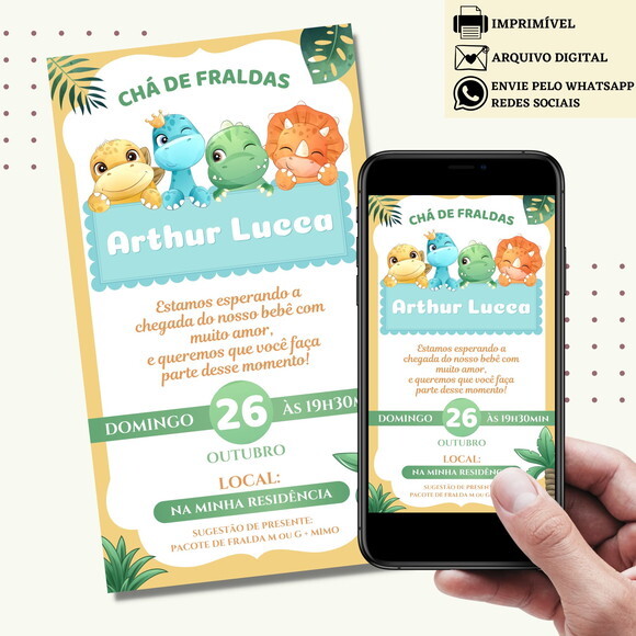 Convite Chá de Bebê Fraldas Dino Baby Revelação Digital