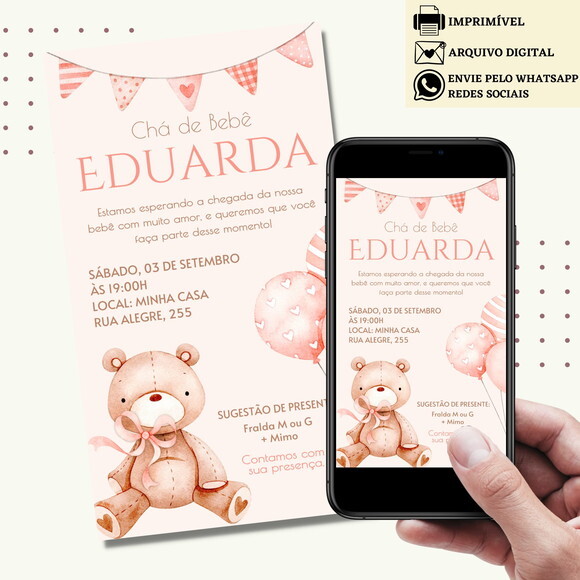 Convite Chá de Bebê Fraldas Ursinha Rosa Revelação Digital
