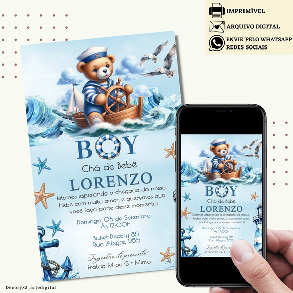 Convite Chá de Bebê Fraldas Ursinho Marinheiro Digital