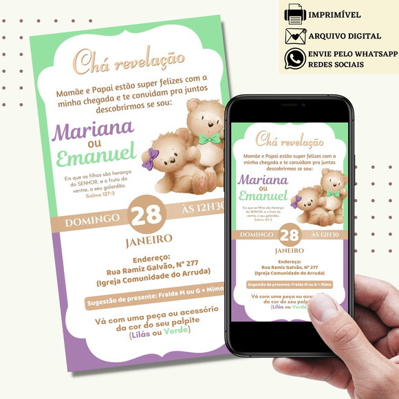 Convite Chá de Bebê Fraldas Revelação Ursinhos Digital