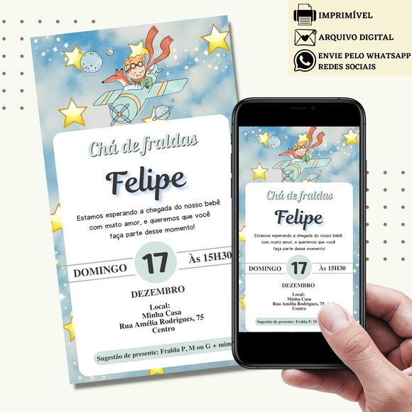 Convite Chá de Bebê Fraldas o Pequeno Príncipe Digital