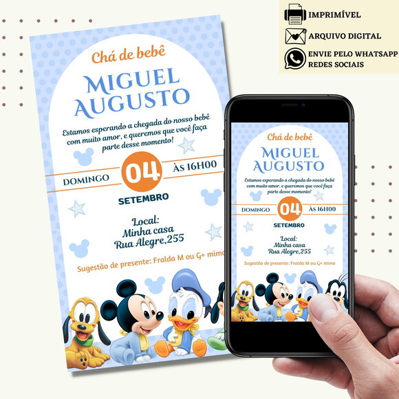 Convite Chá de Bebê Mickey Chá de Fraldas Revelação Digital