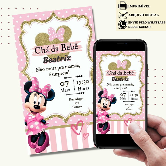 Convite Chá de Bebê Minnie Chá de Fraldas Revelação Digital