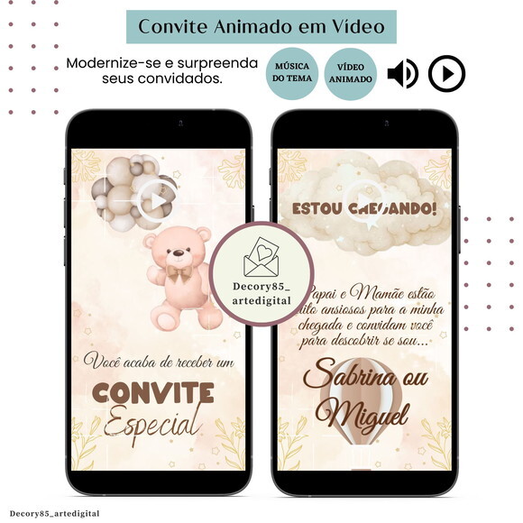 Convite Chá Revelação Ursos em Vídeo Animado Música Digital