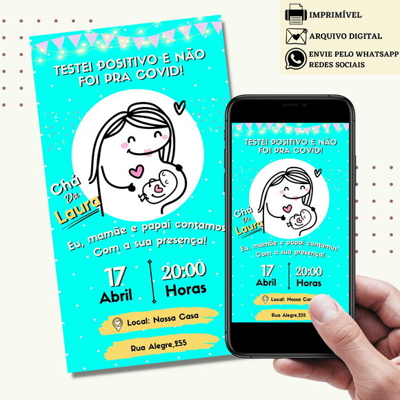 Convite Chá de Fraldas Chá Bebe Flork Bentô Digital Virtual