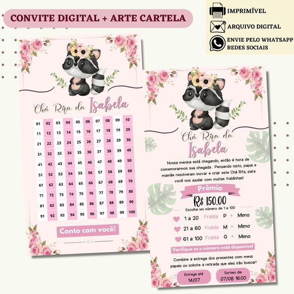Convite Chá Rifa Bosque Chá Bebê Fralda Digital + Cartela