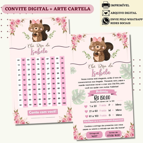Convite Chá Rifa Bosque Chá Bebê Fralda Digital + Cartela