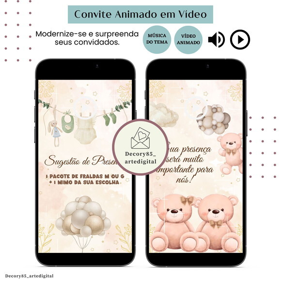 Convite Chá Revelação Ursos em Vídeo Animado Música Digital