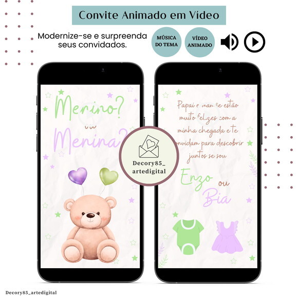 Convite Chá Revelação Ursos em Vídeo Animado Música Digital