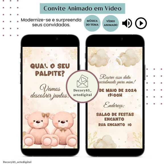 Convite Chá Revelação Ursos em Vídeo Animado Música Digital