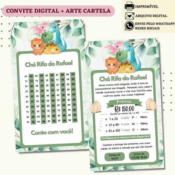 Convite Chá Rifa Dino Baby Chá Bebê Fralda Digital + Cartela