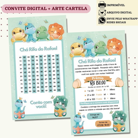 Convite Chá Rifa Dino Baby Chá Bebê Fralda Digital + Cartela