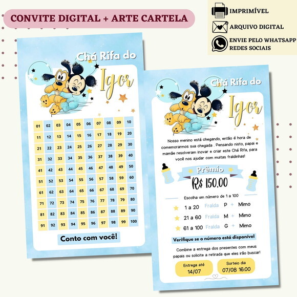 Convite Chá Rifa Mickey Chá Bebê Fralda Digital + Cartela