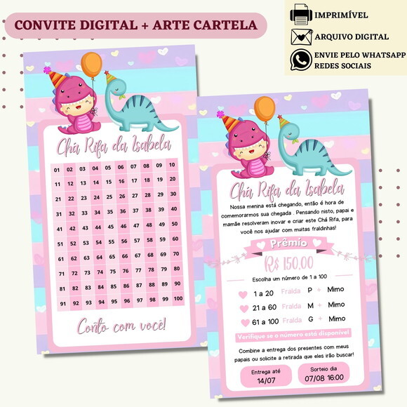 Convite Chá Rifa Dino Baby Chá Bebê Fralda Digital + Cartela