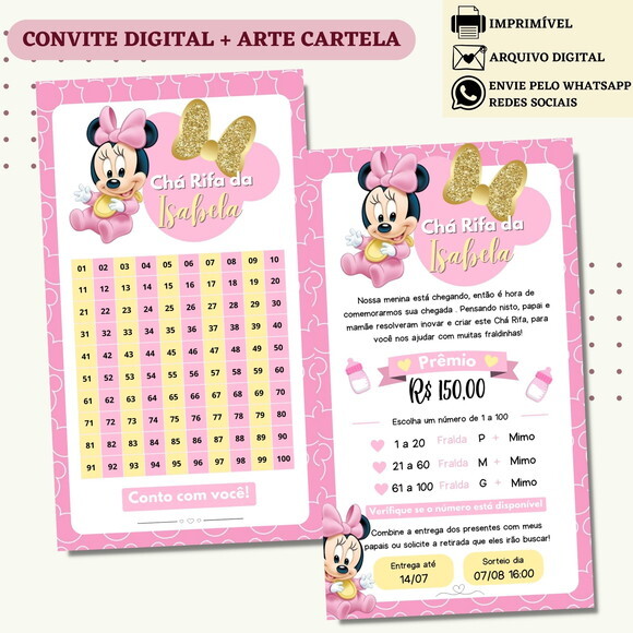 Convite Chá Rifa Minnie Chá Bebê Fralda Digital + Cartela