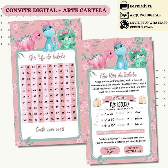 Convite Chá Rifa Dino Baby Chá Bebê Fralda Digital + Cartela