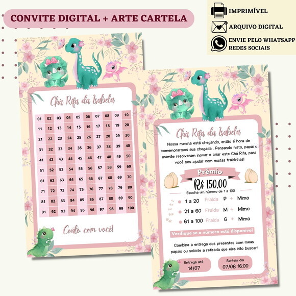 Convite Chá Rifa Dino Baby Chá Bebê Fralda Digital + Cartela