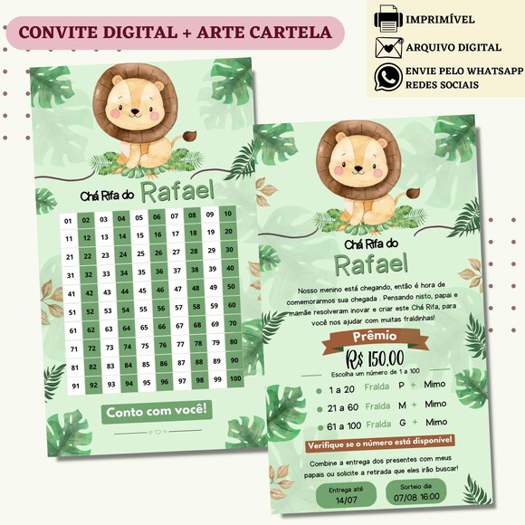 Convite Chá Rifa Leãozinho Chá Bebê Fralda Digital + Cartela