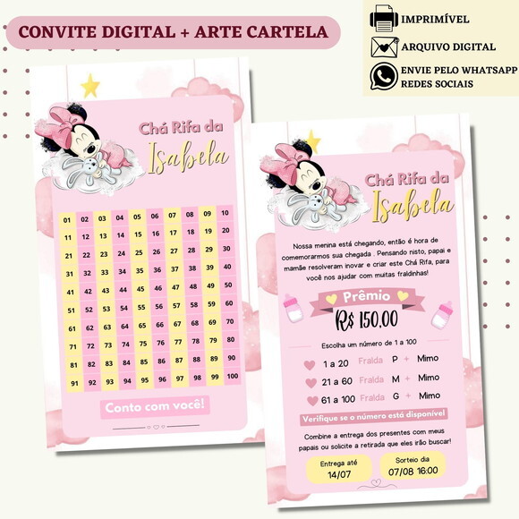 Convite Chá Rifa Minnie Chá Bebê Fralda Digital + Cartela