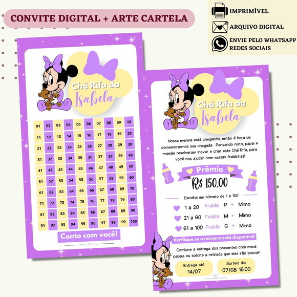 Convite Chá Rifa Minnie Chá Bebê Fralda Digital + Cartela