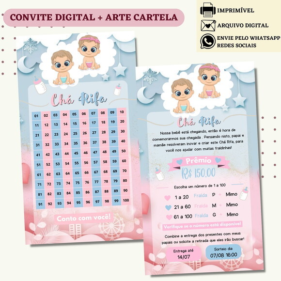 Convite Chá Rifa Revelação Chá Bebê Fralda Digital + Cartela