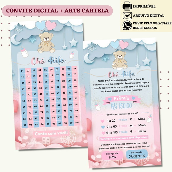 Convite Chá Rifa Revelação Chá Bebê Fralda Digital + Cartela