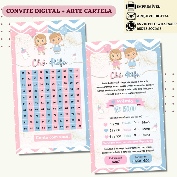 Convite Chá Rifa Revelação Chá Bebê Fralda Digital + Cartela