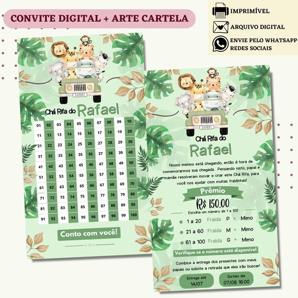 Convite Chá Rifa Safari Chá Bebê Fralda Digital + Cartela